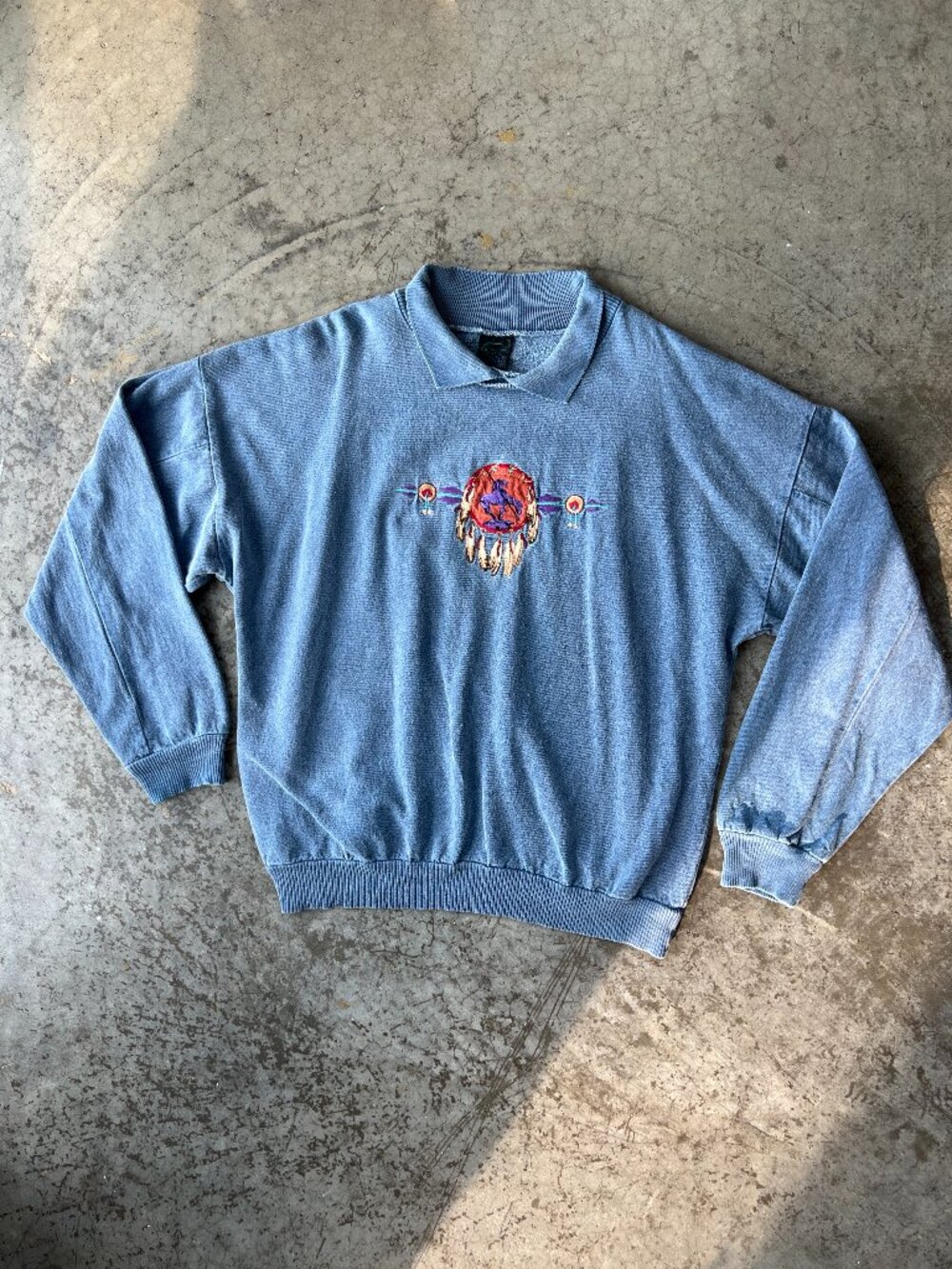 Vintage Habitat Sweatshirt XL Blue Cotton Polo Collar Southwestern Dreamcatcher